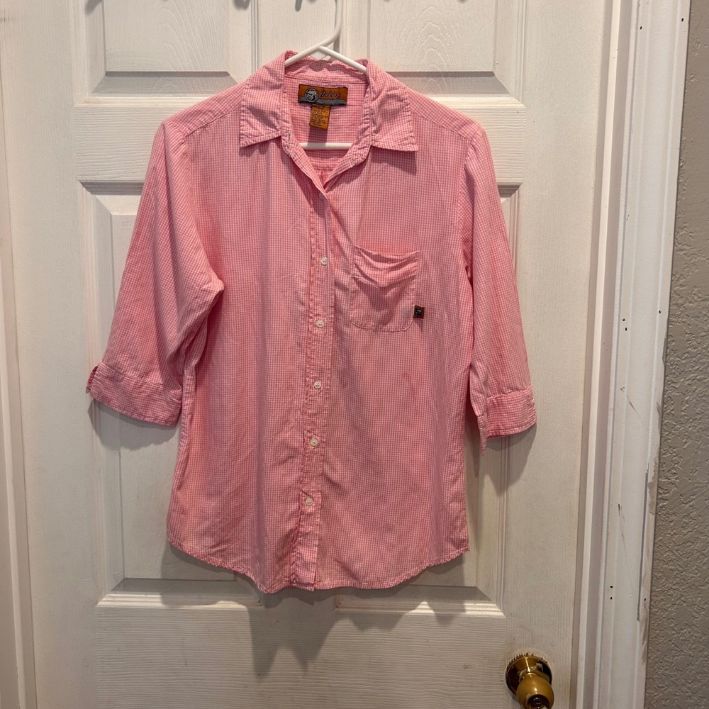 Bulldog Womens Pink Gingham Button Down Shirt Medium 3/4 Sleeve Casual Y2K Top